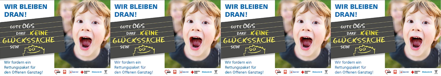 Logo der Kampagne: Wir bleiben dran! Mit Foto eines Kindes