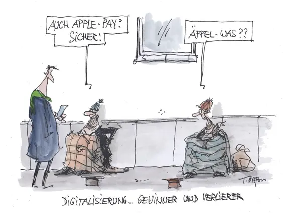 Illustration Digitalisierung: Gewinner vs. Verlierer – Obdachlose scherzen gegenüber einem Mann in Business-Outfit, dass Sie auch Apple Pay annehmen.