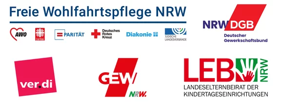 Logoleiste: Freien Wohlfahrtspflege NRW, DGB NRW, ver.di NRW, GEW NRW, Landeselternbeirat NRW