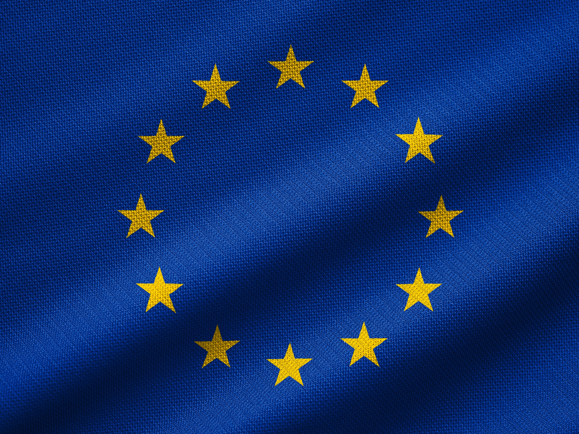 Dunkelblaue Europaflagge mit gelben Sternen, die im Kreis angeordnet sind.